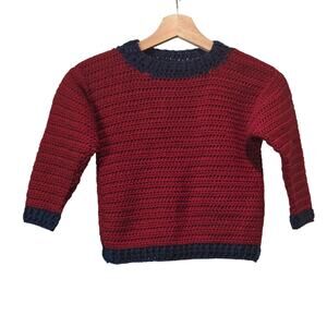 Hand Knit Children's Sweater Size Small Red with Navy Trim